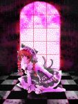  braid cat_ears cat_tail checkered checkered_floor gothic_lolita graphite_(medium) hair_ribbon highres kaenbyou_rin kneeling lolita_fashion misato_miyu mixed_media multiple_tails red_eyes red_hair redhead ribbon short_hair smile solo stained_glass tail thighhighs touhou traditional_media twin_braids twintails window 