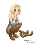  bare_shoulders blonde_hair boots brown_eyes catsuit female final_fantasy final_fantasy_tactics hattensyo monk monk_(fft) short_hair solo squat 