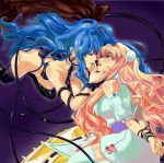  bdsm blonde_hair blue_eyes blue_hair blush bondage boots cable chin_grab dual_persona earrings incipient_kiss jewelry lipstick long_hair macross macross_frontier macross_frontier:_itsuwari_no_utahime macross_frontier:_the_false_diva multiple_girls munage4 sheryl_nome thigh-highs thigh_boots thighhighs very_long_hair yuri 