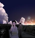  black_hair building cane city cityscape cloud clouds fireworks glasses hat keisan rice_field rice_paddy road scenery sky top_hat 