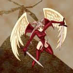  ai_yuduki belt female final_fantasy final_fantasy_tactics grey_hair headwings long_hair orange_eyes solo sword thigh-highs ultima_(fft) wings 