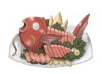  fish food magikarp nekonekoyukai no_humans parody pokemon pokemon_(creature) simple_background solo splash white_background 