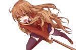  bokken brown_hair long_hair school_uniform sword thighhighs toradora! weapon wooden_sword yellow_eyes zettai_ryouiki 