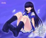  denpa_teki_na_kanojo feet hair_over_eyes legs long_hair minarai no_eyes ochibana_ame petals pov_feet purple_hair school_uniform serafuku sitting skirt smile socks solo toe_scrunch 