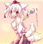  animal_ears apron bad_id bare_shoulders detached_sleeves hat hina_hina inubashiri_momiji red_eyes short_hair solo tail tail_wagging tokin_hat touhou translated white_hair wolf_ears wolf_tail 