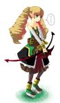 bare_shoulders belt blonde_hair boots bow bow_(weapon) detached_sleeves disgaea dress drill_hair flat_chest green_eyes highres hogi long_hair pantyhose pointy_ears solo translation_request twin_drills twintails weapon wrist_grab zipper 