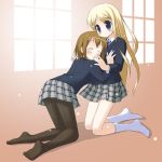  blonde_hair blue_eyes breast_grab breasts brown_hair feet hirasawa_yui hug k-on! kneeling kotobuki_tsumugi long_hair minidraco multiple_girls pantyhose school_uniform short_hair yuri 