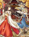  alice_margatroid autumn bare_shoulders basket blonde_hair blue_eyes book boots braid broom broom_riding brown_hair capelet cross-laced_footwear detached_sleeves frills grimoire hairband hakurei_reimu hat highres holding japanese_clothes kirisame_marisa lace-up_boots leaf leaves long_hair multiple_girls mushroom open_mouth red_eyes ribbon shide shimenawa short_hair shrine smile standing tassel touhou vetina wide_sleeves witch_hat yellow_eyes 