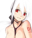  between_breasts breasts bust close-up face large_breasts lips long_hair microphone necktie nude okaka red_eyes smile vocaloid voyakiloid white_hair yowane_haku 