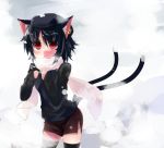  1girl animal_ears black_hair cat_ears cat_tail chen earrings hat jewelry multiple_tails red_eyes scarf shin_(new) skirt snow tail thighhighs touhou winter 