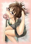  1girl adjusting_hair akizuki_ritsuko antenna_hair arms_up bed blush bra breasts brown_eyes brown_hair cleavage glasses gonza highres idolmaster legs looking_at_viewer mouth_hold naked_shirt short_hair sitting solo underwear 