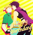  2boys birthday blonde_hair caesar_anthonio_zeppeli earendel facial_mark fingerless_gloves flower gloves green_jacket happy_birthday headband jacket jojo_no_kimyou_na_bouken joseph_joestar_(young) midriff multiple_boys purple_hair scarf sunflower 