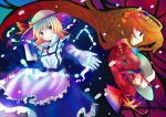  black_eyes blonde_hair brown_hair elbow_gloves gloves hair_ribbon hat holding holding_hat kana_anaberal kazu_(muchuukai) light_smile long_hair multiple_girls outstretched_arm outstretched_hand profile ribbon short_hair smile touhou touhou_(pc-98) very_long_hair yellow_eyes 