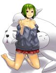  bare_shoulders breasts cleavage green_hair grin hands happy highres kneeling legs original short_hair skirt smile solo stuffed_animal stuffed_toy tissue_(pixiv) v 
