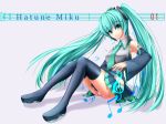  1girl akira_sora boots character_name detached_sleeves green_eyes green_hair hatsune_miku long_hair musical_note necktie panties pantyshot pantyshot_(sitting) sitting skirt solo thigh-highs thigh_boots twintails underwear very_long_hair vocaloid 