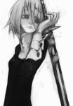  androgynous code-aa crona_(soul_eater) cuff_links frown gloves habit highres looking_away monochrome ragnarok_(demon_sword) rough short_hair solo soul_eater sword weapon 