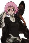  absurdres androgynous bracer cheek_pinching cheek_pull code-aa crona_(soul_eater) cuff_links frown gloves habit highres looking_away open_mouth pinching pink_eyes pink_hair ragnarok_(demon_sword) rough short_hair solo soul_eater striped striped_gloves sword tongue weapon 