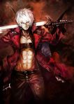  1boy abs back-to-back banpai_akira bat_wings belt crossover dante devil_may_cry devil_may_cry_3 grey_eyes grin highres lavender_hair looking_at_viewer navel open_clothes open_jacket over_shoulder pants rebellion_(sword) remilia_scarlet short_hair smile sword touhou unbuckled_belt weapon weapon_over_shoulder white_hair wings 