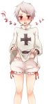  1boy axis_powers_hetalia bloomers blush iron_cross looking_at_viewer male no_pants open_mouth prussia_(hetalia) red_eyes shirt_lift short_hair simple_background solo tobi_(one) underwear white_background 