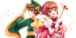  1boy 1girl back-to-back brown_eyes brown_hair cardcaptor_sakura chinese_clothes fuuin_no_tsue gloves green_eyes hat highres kero kinomoto_sakura li_xiaolang magical_girl shinyae short_hair wand 