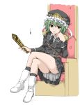  1girl belt boots chair elf_(stroll_in_the_woods) epaulettes green_eyes green_hair hat highres military military_uniform necktie rod_of_remorse seated shiki_eiki short_hair simple_background skirt solo touhou uniform white_background 