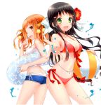  2girls :d absurdres ass ball bandeau bare_shoulders beachball belly_chain bikini black_hair breasts cleavage cuteg cutoffs denim denim_shorts fang flower front-tie_top green_eyes hair_flower hair_ornament hibiscus highres huge_filesize innertube kannagi_miyabi kono_naka_ni_hitori_imouto_ga_iru! long_hair multiple_girls navel open_mouth orange_eyes orange_hair outstretched_hand red_bikini scan short_shorts shorts side-tie_bikini smile splashing swimsuit tsuruma_konoe twintails white_bikini 