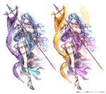  1girl blue_hair breasts character_request cleavage gradient_hair head_wings high_heels kaku-san-sei_million_arthur large_breasts long_hair looking_at_viewer multicolored_hair nardack purple_hair shoes simple_background smile solo staff two-tone_hair violet_eyes white_background wings 