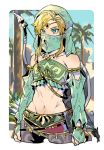  1boy alternate_costume blonde_hair blue_eyes crossdressinging detached_sleeves earrings gerudo_link jewelry jungle link male_focus midriff nature navel pointy_ears solo stomach the_legend_of_zelda the_legend_of_zelda:_breath_of_the_wild trap veil 