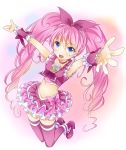  1girl :d blue_eyes boots cure_melody frilled_skirt frills hair_ornament hair_ribbon houjou_hibiki jumping long_hair midriff navel open_mouth outstretched_arm pink_hair pink_legwear precure ratryu ribbon skirt sleeveless smile solo suite_precure thigh-highs twintails wrist_cuffs 