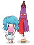  1girl blue_eyes candy geta heterochromia karakasa_obake lollipop mazume red_eyes saliva shadow simple_background tatara_kogasa tongue touhou umbrella 