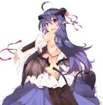  1girl blue_hair butt_crack character_request copyright_request demon_girl demon_horns demon_tail demon_wings dress fang from_behind long_hair looking_back low_wings open_mouth plus9 pointy_ears red_eyes ribbon simple_background solo succubus tail white_background wings 