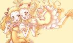  2girls blonde_hair bow cure_lemonade double_bun dress drill_hair dual_persona earrings flower frills hair_flower hair_ornament holding_hands jewelry kasugano_urara long_hair magical_girl multiple_girls precure puffy_sleeves ribbon shoes skirt smile sumiosmith twin_drills twintails wink yellow yellow_background yellow_dress yellow_eyes yes!_precure_5 
