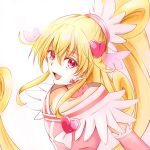  1girl :d aida_mana bare_shoulders blonde_hair bust cure_heart dokidoki!_precure earrings half_updo hallucino1121 heart jewelry long_hair open_mouth pink_eyes ponytail precure simple_background smile solo white_background 