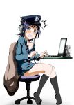  /\/\/\ 1girl blue_eyes blue_hair breasts cleavage computer computer_mouse dlsite.com_15_year_anniversary_contest hat highres laptop open_mouth short_hair simple_background sitting solo surprised sweat white_background yuuichi_(reductionblack) 