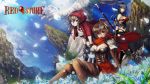  3girls blonde_hair blue_hair flower green_hair highres hood khanshin long_hair mountain multiple_girls red_eyes scythe short_hair sitting 