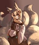  1girl animal_ears bare_shoulders blonde_hair fox_ears fox_tail green_eyes japanese_clothes junkpuyo long_hair looking_at_viewer mon-musu_quest! multiple_tails solo tail tamamo_(mon-musu_quest!) tattoo 