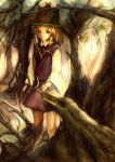 1girl blonde_hair forest hat highres jewelry lips long_sleeves looking_at_viewer mao_(hikkmon) moriya_suwako nature necklace payot red_eyes shade short_hair skirt skirt_set solo sunbeam sunlight touhou wide_sleeves 