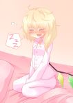  1girl :d bed blonde_hair blush closed_eyes fang flandre_scarlet kikiriri no_hat no_headwear on_bed open_mouth pajamas pillow side_ponytail sitting sleeping sleeping_upright smile solo touhou v_arms wings zzz 