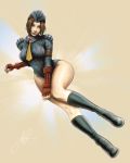  aaron_page armband boots breasts brown_eyes brown_hair fingerless_gloves garrison_cap gloves hat juli large_breasts leotard lips lipstick makeup necktie ribbed_leotard short_hair shoulder_pads signature street_fighter street_fighter_zero thighs wide_hips 