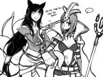  2girls ahri animal_ears breasts emilia_leblanc fox_ears fox_tail hooreng league_of_legends long_hair monochrome multiple_girls multiple_tails open_mouth simple_background tail translation_request very_long_hair white_background 