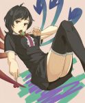  1girl asymmetrical_wings black_hair black_legwear candy cherry dress food fruit houjuu_nue lollipop open_mouth p_no_hito red_eyes short_hair solo thigh-highs touhou wings 