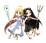  2girls angel angel_and_devil angel_wings bat_wings black_hair blonde_hair demon_girl demon_tail green_eyes halo horns kimura_(ykimu) long_hair multiple_girls original pointy_ears red_eyes tail wings 