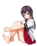  1girl barefoot blush brown_eyes legs purple_hair school_uniform short_hair simple_background sitting skirt smile soles solo 