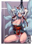  1girl animal_ears armpits bare_legs bell bound_wrists breasts choker cleavage detached_sleeves eyeliner eyeshadow fox_ears fox_tail hair_bell hair_ornament highres jjune kitsune lips long_hair low-tied_long_hair makeup making_of multiple_tails original parted_lips pole restrained shimenawa shiny shiny_skin skull squatting tabi tagme tail thighs white_hair yellow_eyes 
