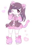  1girl akb48 animal_ears artist_request bare_shoulders blush cat_ears dress heart paw_pose paw_print pigeon-toed sleeveless solo tagme tail watanabe_mayu wink 