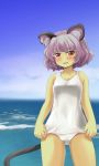  1girl animal_ears blue_sky blush grey_hair mouse_ears mouse_tail nazrin nise_nanatsura one-piece_swimsuit open_mouth red_eyes short_hair sky solo swimsuit tail tan touhou water white_swimsuit 