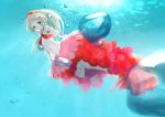  blonde_hair blue_eyes breasts bubble long_hair mermaid_costume navel original ponytail sling smile swimming tera_(teraura) under_boob underwater 