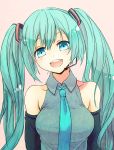  1girl aqua_eyes detached_sleeves green_hair hatsune_miku head_tilt headset long_hair necktie open_mouth simple_background solo twintails vocaloid 