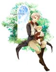  2boys arm_sling axis_powers_hetalia bird blonde_hair book boots chick germany_(hetalia) green_eyes male multiple_boys open_mouth prussia_(hetalia) red_eyes short_hair sitting title_drop tobi_(one) white_background young 
