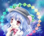  1girl blouse blue_hair bow food fruit hat hinanawi_tenshi leaf lightning long_hair looking_at_viewer open_mouth peach red_eyes sky solo sparkle star_(sky) starry_sky touhou tsukiori_sasa 